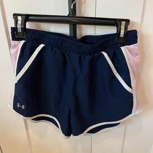 Under Armour size small navy blue/light pink trim running shorts